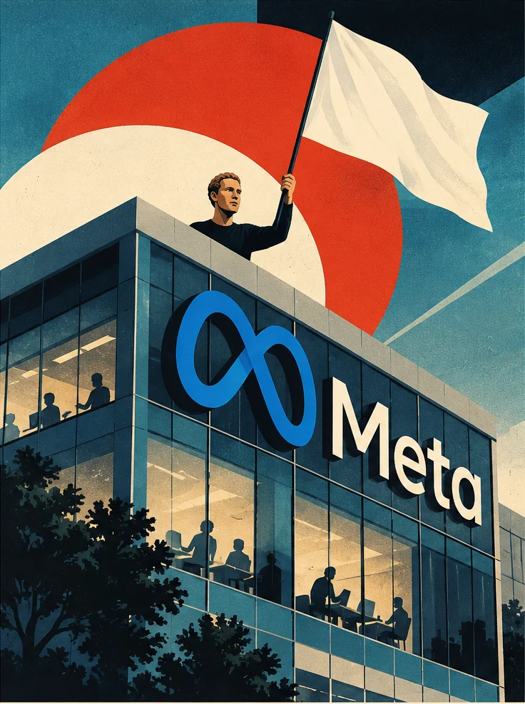 Editorial Bauhaus-inspired illustration of Meta headquarters, with a person on its rooftop waving a white surrender flag.